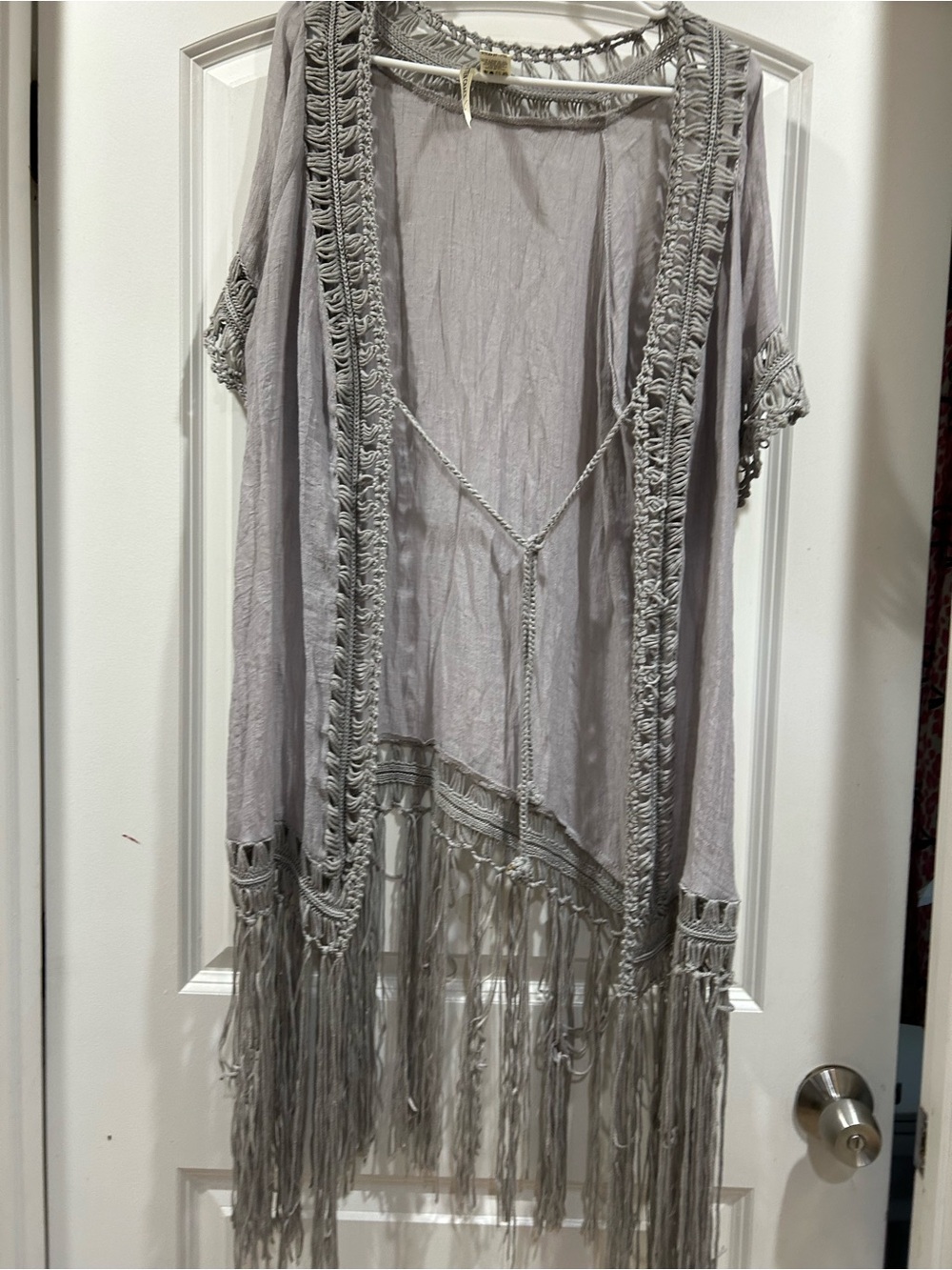Boho Fringe Open-Front Kimono Cape in Light Gray